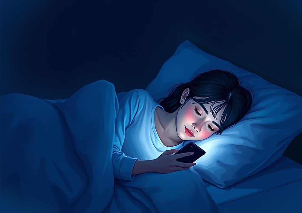  good quality, high quality, lineless vector illustration, watercolor comics, midnight, dark setting, checking phone lying on her bed in complete darkness, phone screen lighting up her face in the absolute darkness, screen flash lighting, 2d vector,