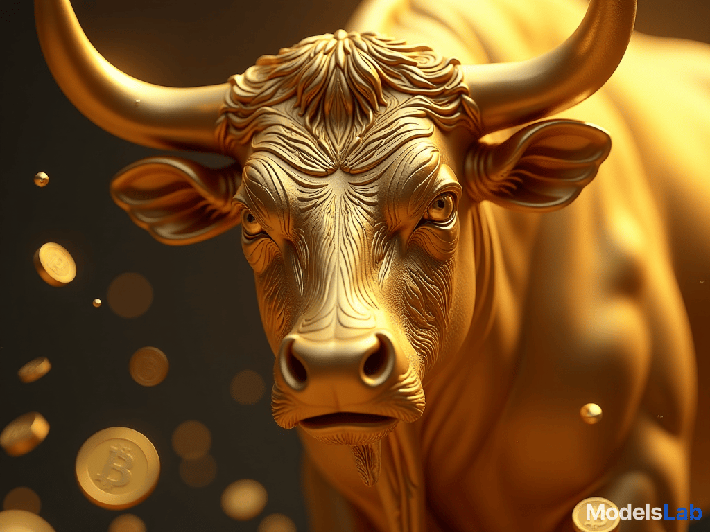  take a 3d close up shot of a golden bull face, its eyes glowing with energy and its fur reflecting light, surrounded by floating gold bitcoin coins. use a fujifilm gfx 100s and a 110mm lens to emphasize the fine details and textures, portraying it as a mystical creature that embodies wealth, epic, success and good fortune, 8k high resolution ar 9:16 s 250 v 6.1 hyperrealistic, full body, detailed clothing, highly detailed, cinematic lighting, stunningly beautiful, intricate, sharp focus, f/1. 8, 85mm, (centered image composition), (professionally color graded), ((bright soft diffused light)), volumetric fog, trending on instagram, trending on tumblr, HDR 4K, 8K