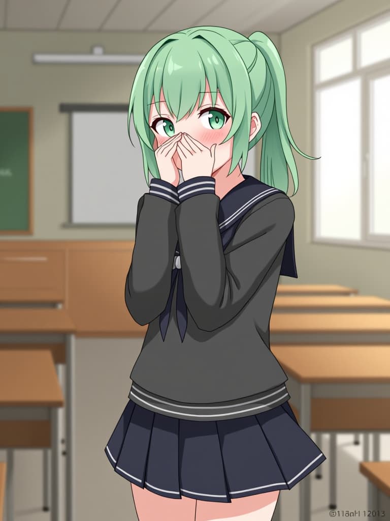  1girl,whole body,green hair,ponytail hair,(((black sailor suit))),(((blushing:1.2))),(((hiding shyness:1.5))),milky effect,(((upset face:1.3))),face up focus:1.5,(((in the classroom)))