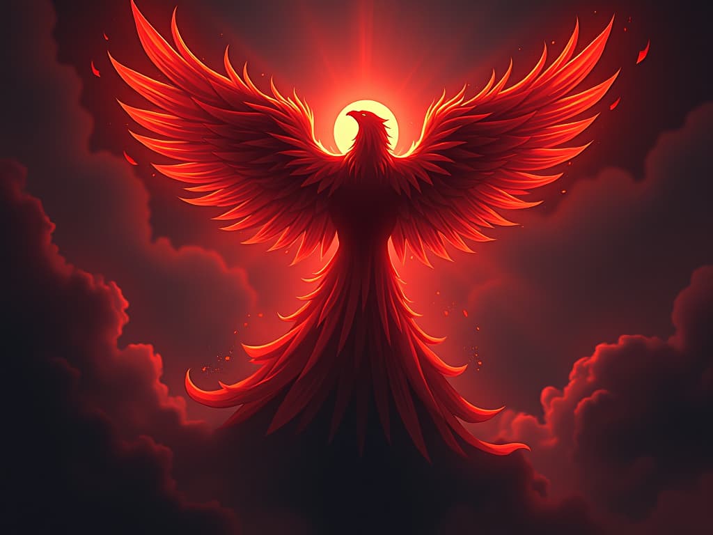  phoenix rising with red flames, breaking through dark clouds, symbolic of rising above material distractions. the style is digital art illustration / modern comic book / graphic dark novel fantasy and mysterious occult, symbolic, moody lighting, esoteric vibe,high detail on character design. for the color scheme emphasize blacks and reds.