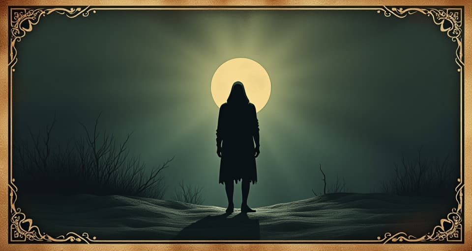  solitary figure standing in a dark, barren landscape, figure's silhouette sharply defined against dim light, figure's posture is weary yet unbroken, atmosphere of desolation and resilience. an illustration in the style of a worn, mystical old tarot trump card, mysterious and elements of surrealism. the colors are muted, somber and eerie, but with contrast bring out an occult and esoteric vibe.