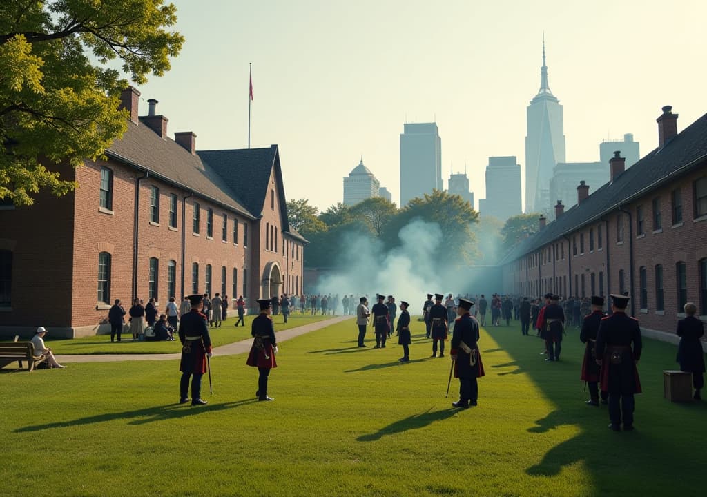  a captivating scene at fort york history museum, showcasing the historic fort buildings and soldiers in period uniforms performing a reenactment drill, with visitors engaging with exhibits and enjoying the green parkland surrounding the fort, all set against a backdrop of toronto’s modern skyline. hyperrealistic, full body, detailed clothing, highly detailed, cinematic lighting, stunningly beautiful, intricate, sharp focus, f/1. 8, 85mm, (centered image composition), (professionally color graded), ((bright soft diffused light)), volumetric fog, trending on instagram, trending on tumblr, HDR 4K, 8K