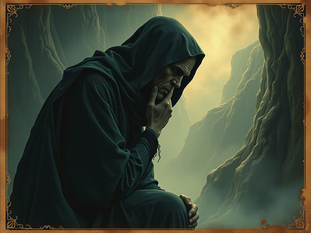  pensive figure, illuminated by faint light, casting long shadows, deep fissures, somber, the weight of knowledge. an illustration in the style of a worn, mystical old tarot trump card, mysterious and elements of surrealism. the colors are muted, somber and eerie, but with contrast bring out an occult and esoteric vibe.