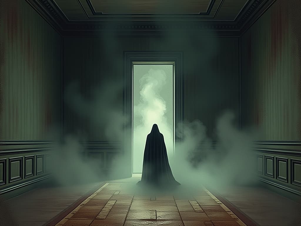  dark mist swirling in an empty room, reality warping subtly, air heavy with an insidious presence, sense of chaos, unsettling, oppressive. an illustration in the style of a worn, mystical old tarot trump card, mysterious and elements of surrealism. the colors are muted, somber and eerie, but with contrast bring out an occult and esoteric vibe.