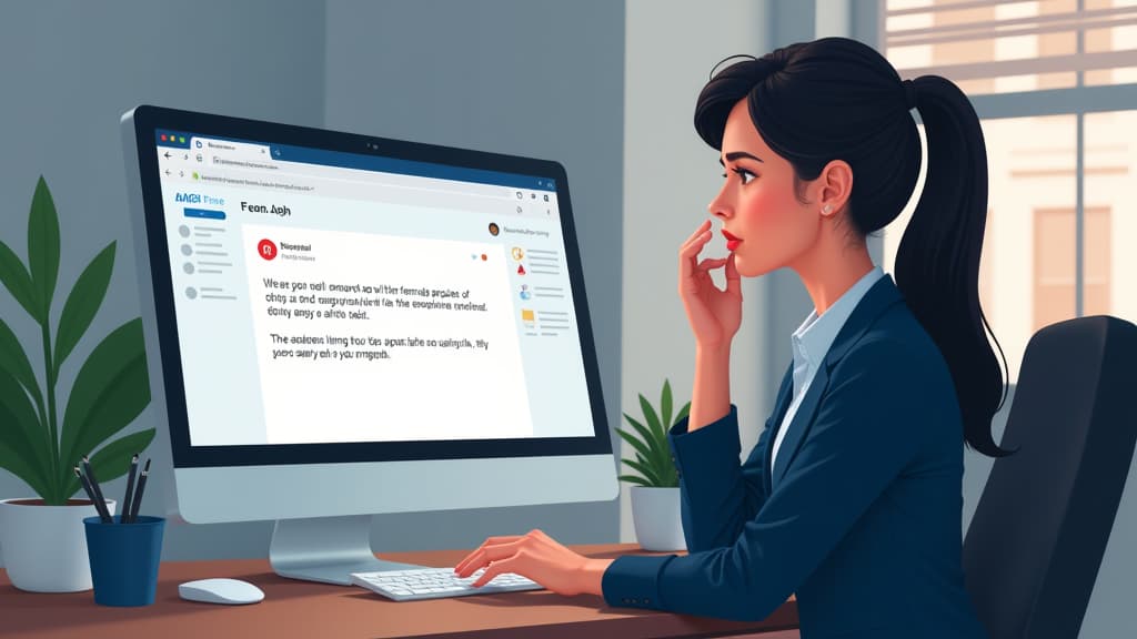  create a highly detailed, photorealistic image that image generation prompt: create an illustration depicting a scene in an office setting where an employee is receiving a fraudulent message regarding changing their salary account. the employee, a young woman with dark hair in a professional attire, looks puzzled as she reads the email on her computer screen. the email, displayed prominently in the image, shows a message from a fake sender impersonating the responsible person for salaries. the