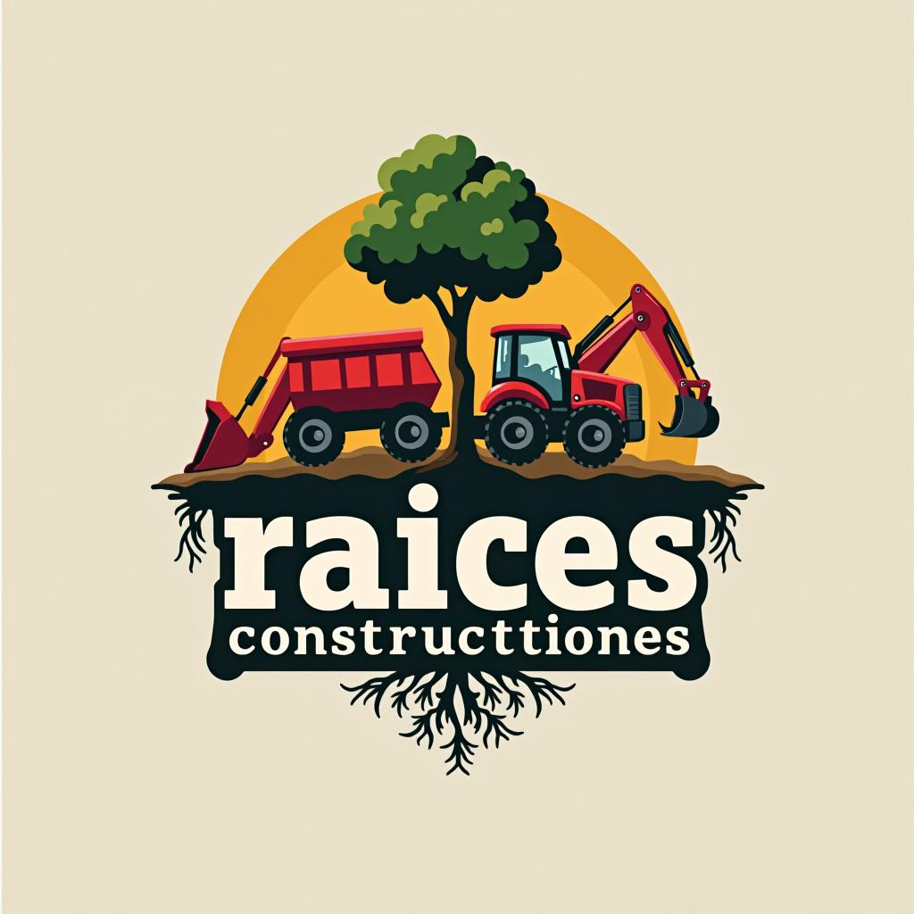  design a logo, make me a logo that says roots constructions in spanish that has roots in the earth but that those roots are streets, with two backhoes and a red truck., with the text 'raices construcciones '.