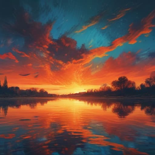 Fire above water with land and sky in Van Gogh style with Gradient background