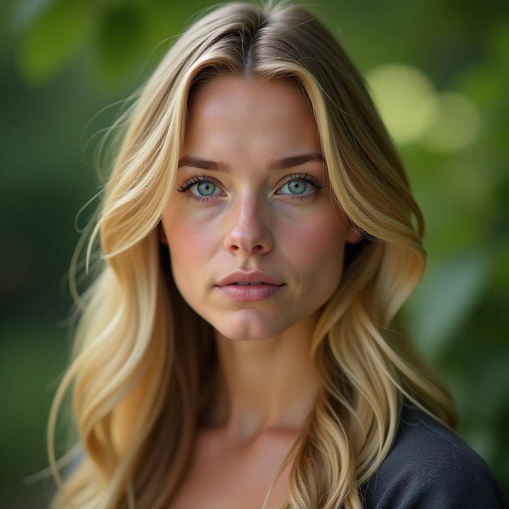  laura moore (rachel’s sister): "a hyper realistic headshot of a caucasian female in her late 20s with long blonde hair, bright blue eyes, and a soft, innocent expression. she is looking directly at the camera, her face conveying both vulnerability and uncertainty. the background is a softly blurred outdoor setting, with green foliage faintly visible.", high quality, high details, hd, perfect composition, 4k epic detailed, highly detailed, sharp focus, high resolution