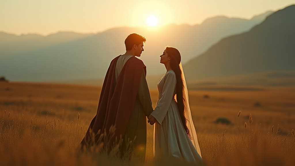  history of biblical times, an emotional farewell between jacob and rachel, signifying both longing and hope for their shared future, amid a picturesque landscape. hyperrealistic, full body, detailed clothing, highly detailed, cinematic lighting, stunningly beautiful, intricate, sharp focus, f/1. 8, 85mm, (centered image composition), (professionally color graded), ((bright soft diffused light)), volumetric fog, trending on instagram, trending on tumblr, HDR 4K, 8K