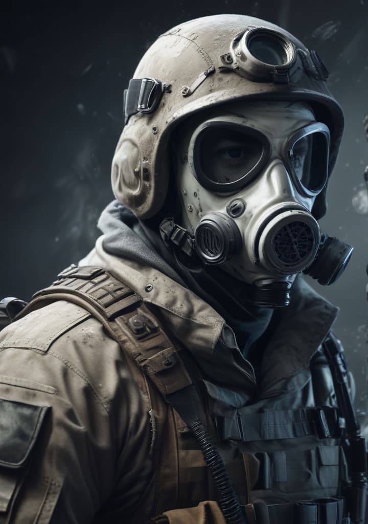 A military wearing a gas mask and a white military helmet with nightvision and a winter camouflage uniform with a tactical backpack. highly detailed,studio lighting,professional,vivid colors, cinematic lighting, HDR, UHD, 4K, 8k, 64K