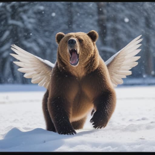 a winged bear eats the snow with its tongue while it is snowing