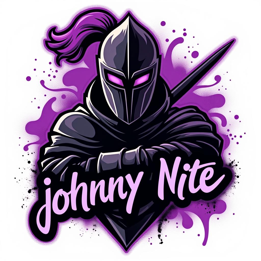  design a logo, in a realism style. knight black and purple graffiti, with the text 'johnny nite '.