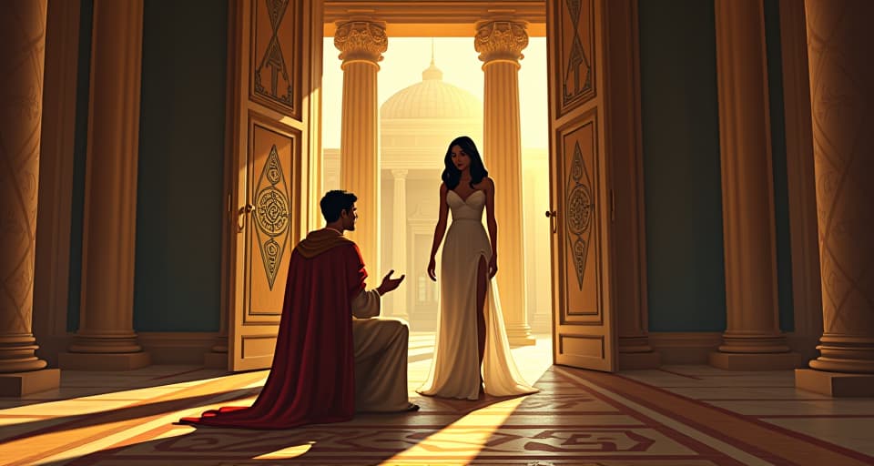  an ornate hall, large busted egyptian woman in sheer dress, kneeling to comfort a distraught nobleman in fine robes, open doors symbolizing a welcoming environment of honesty. the style is digital art illustration / modern comic book / mysterious occult, symbolic, esoteric vibe,high detail on character design, incorporating ancient egyptian symbology and attire.