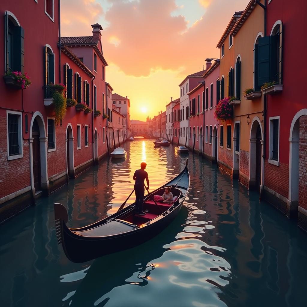  depict an image of a romantic gondola ride through the canals of venice at sunset, with reflections of colorful buildings on the water and flower adorned balconies.