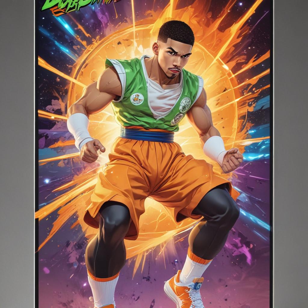 distance-shot, flashy, full-body, dynamic, holographic, animated cartoon poster of jayson tatum in the style of dragon ball super