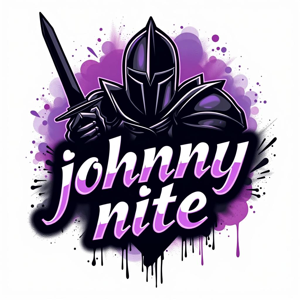  design a logo, in a realism style. knight black and purple graffiti, with the text 'johnny nite '.