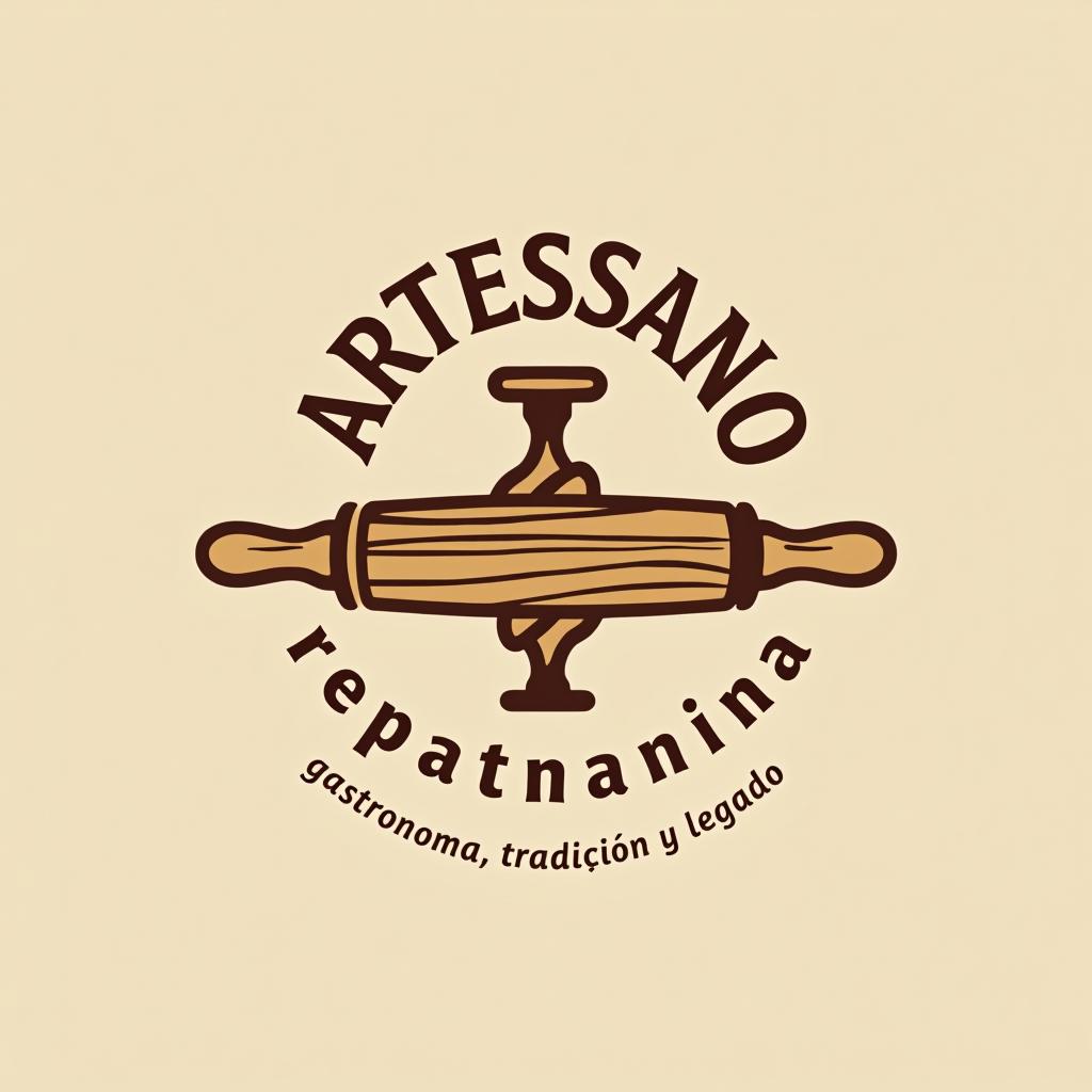  design a logo, marca “artessano” agregar elemento de repostería como rolling pin colores claros tonos cafés minimalista, simple y elegante, with the text 'gastronomía, tradición y legado'.