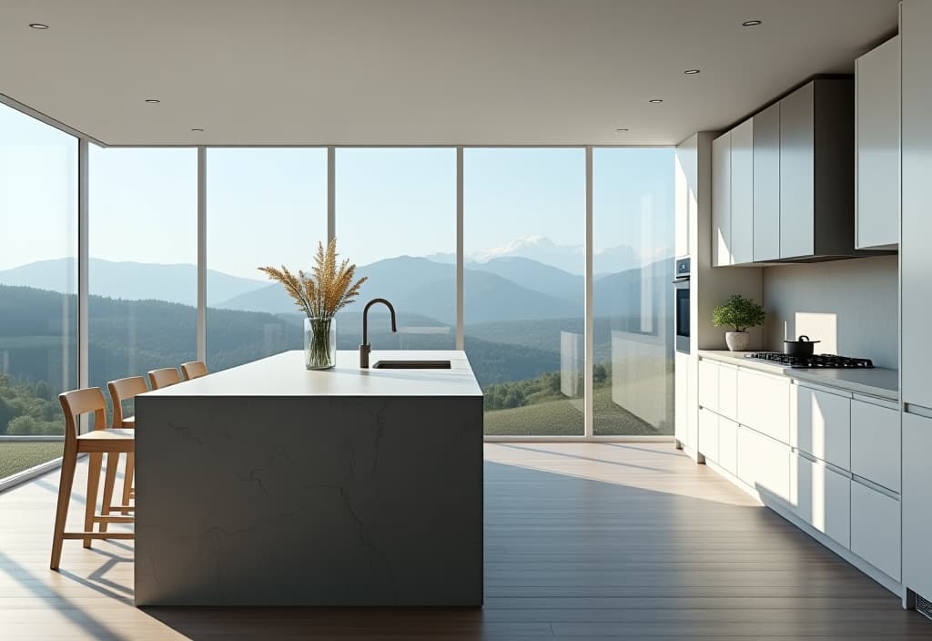  a landscape photo of a panoramic view of a bright, airy kitchen with white cabinets and a striking concrete countertop with subtle blue gray tones hyperrealistic, full body, detailed clothing, highly detailed, cinematic lighting, stunningly beautiful, intricate, sharp focus, f/1. 8, 85mm, (centered image composition), (professionally color graded), ((bright soft diffused light)), volumetric fog, trending on instagram, trending on tumblr, HDR 4K, 8K