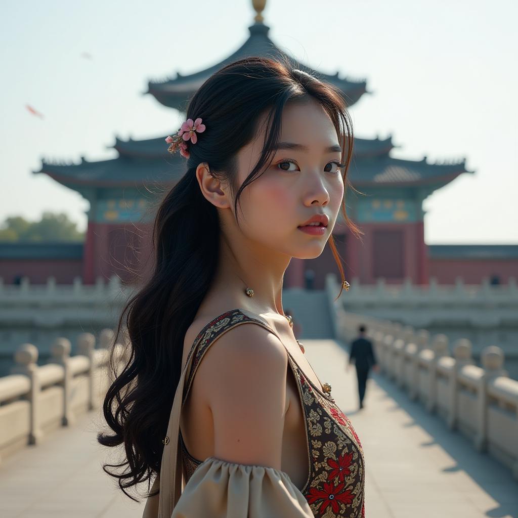  a girl with black wavy hair stands with her back to the camera against the backdrop of a chinese landmark on a sunny day. hyperrealistic, full body, detailed clothing, highly detailed, cinematic lighting, stunningly beautiful, intricate, sharp focus, f/1. 8, 85mm, (centered image composition), (professionally color graded), ((bright soft diffused light)), volumetric fog, trending on instagram, trending on tumblr, HDR 4K, 8K