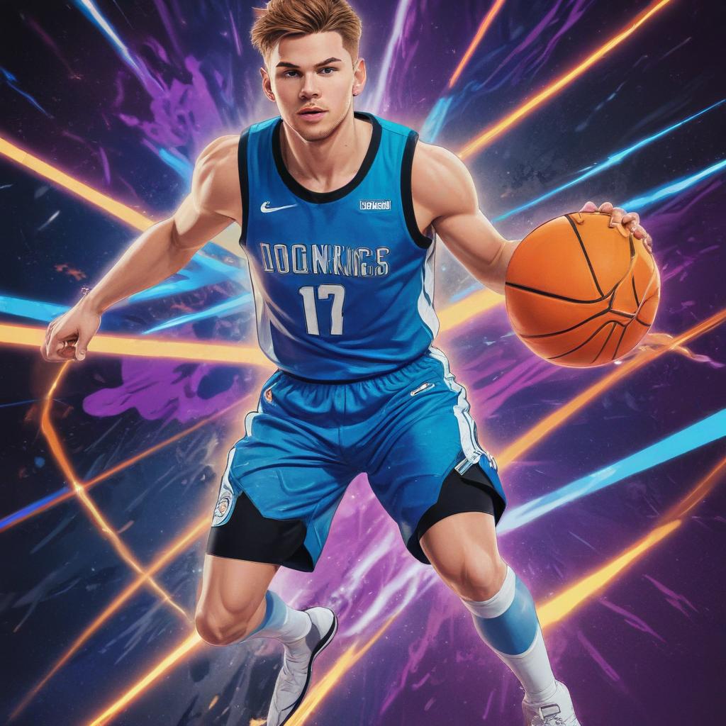 distance-shot, flashy, full-body, dynamic, holographic, animated cartoon poster of luka doncic in the style of dragon ball super