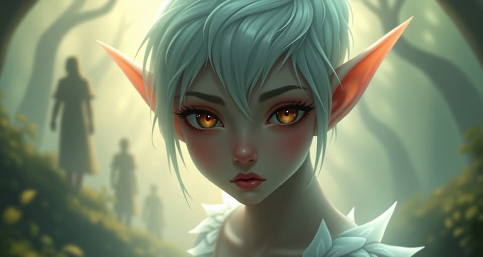  a translucent elf with piercing eyes, surrounded by ethereal whispers, gazing through layers of mist. hidden figures in the distance, underhanded manipulations, sense of revelation.. the style is digital art illustration,highly detailed, whimsical,magical, dreamlike atmosphere, realism and fantasy blend, smooth, glossy textures,luminous quality, wonder and enchantment.