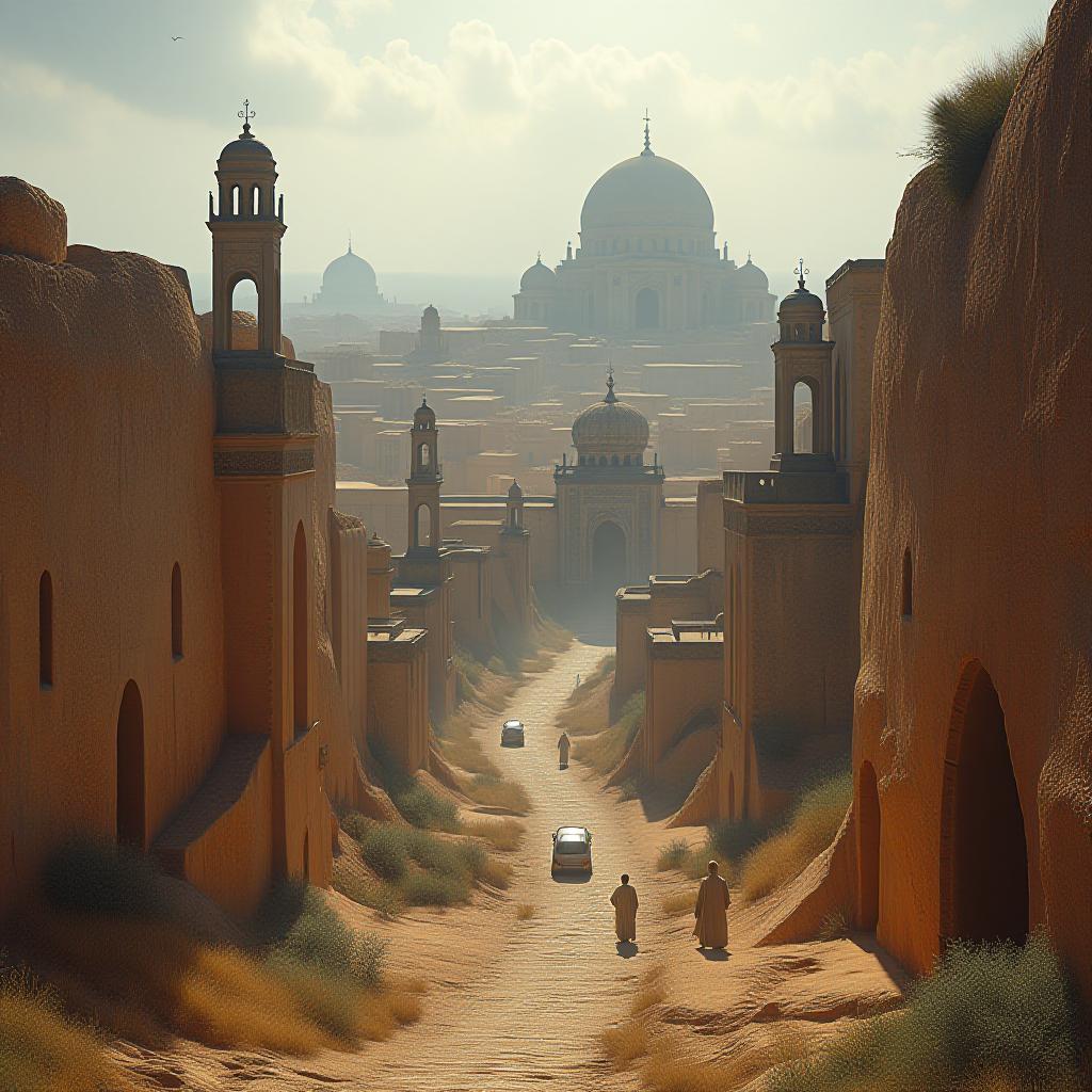  a visual of the ancient appearance of a place in the northwestern region of united emirates. the visual should include plenty of historical and cultural elements. it should also be a city view. hyperrealistic, full body, detailed clothing, highly detailed, cinematic lighting, stunningly beautiful, intricate, sharp focus, f/1. 8, 85mm, (centered image composition), (professionally color graded), ((bright soft diffused light)), volumetric fog, trending on instagram, trending on tumblr, HDR 4K, 8K