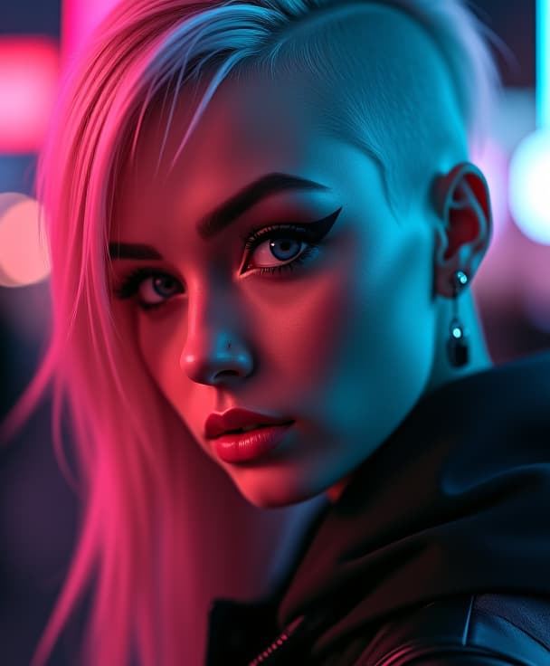  ultra realistic close up portrait ((beautiful pale cyberpunk female with heavy black eyeliner)), blue eyes, shaved side haircut, hyper detail, cinematic lighting, magic neon, dark red city, canon eos r3, nikon, f/1.4, iso 200, 1/160s, 8k, raw, unedited, symmetrical balance, in frame, 8k hyperrealistic, full body, detailed clothing, highly detailed, cinematic lighting, stunningly beautiful, intricate, sharp focus, f/1. 8, 85mm, (centered image composition), (professionally color graded), ((bright soft diffused light)), volumetric fog, trending on instagram, trending on tumblr, HDR 4K, 8K