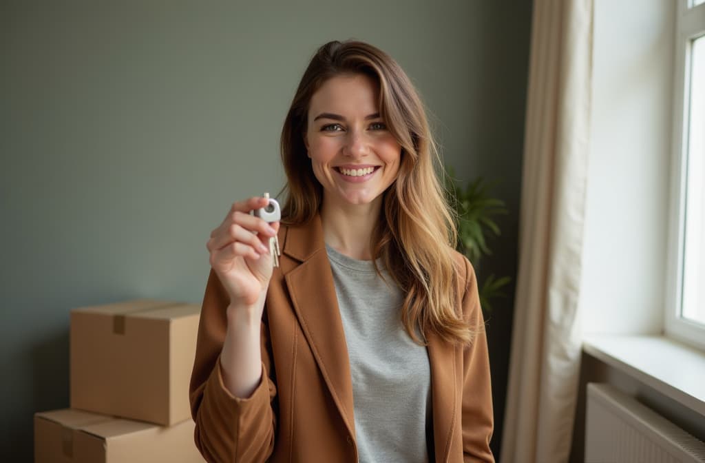  professional detailed photography, happy woman holding keys to apartment, standing in empty apartment, smiling, paper boxes nearby ar 3:2, (muted colors, dim colors, soothing tones), (vsco:0.3)