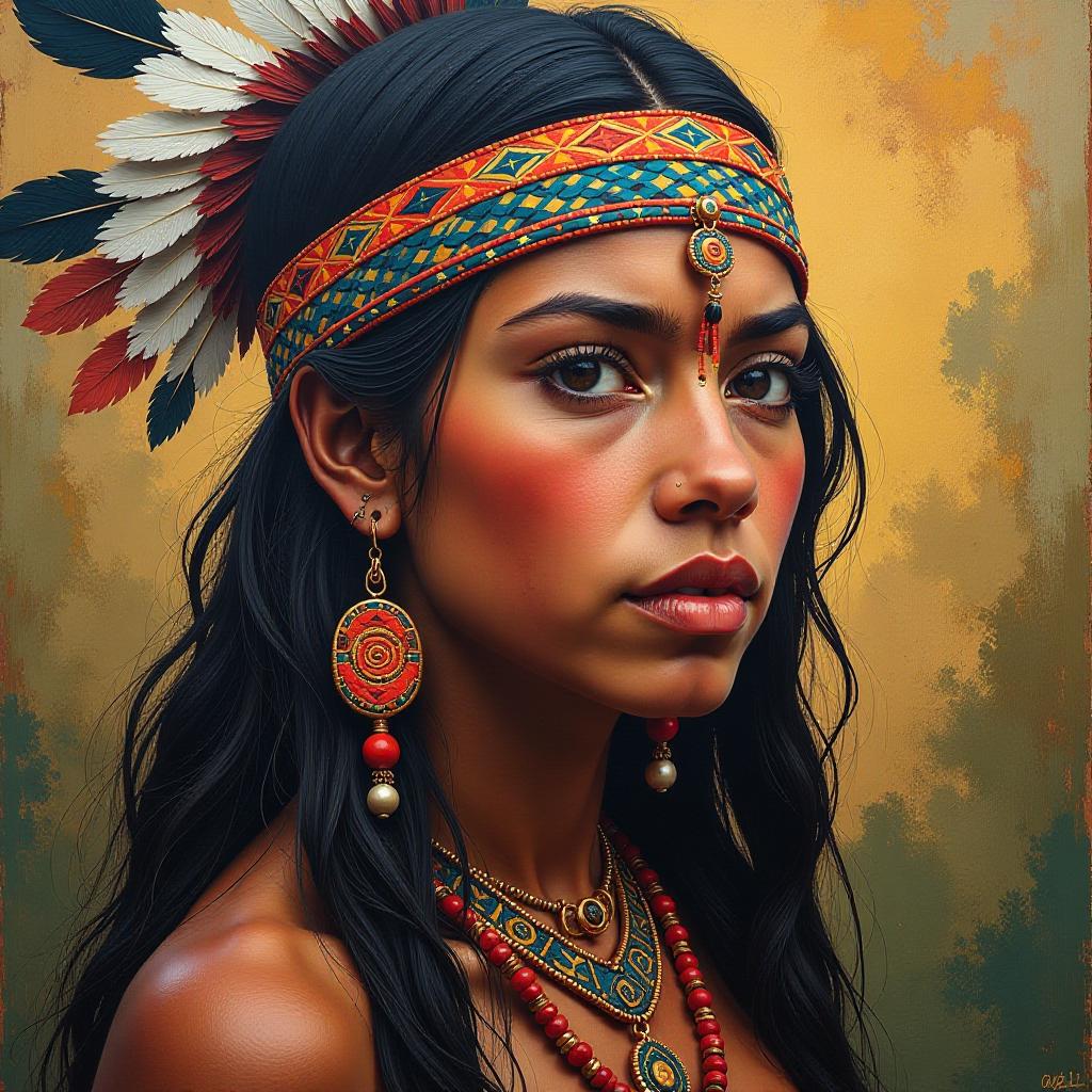  tribal style oil painting. (full height: 1.4) an indian girl from an ancient tribe. artist alfredo rodríguez . indigenous, ethnic, traditional patterns, bold, natural colors, highly detailed