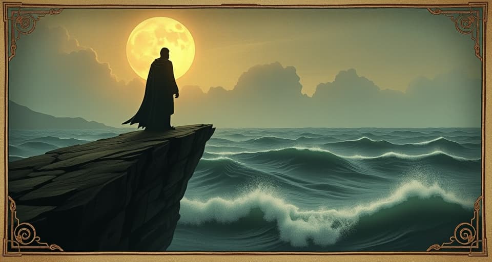  a lone figure standing atop a cliff, overlooking a chaotic sea, confident stance, glowing aura, unwavering, resolute, indomitable. an illustration in the style of a worn, mystical old tarot trump card, mysterious and elements of surrealism. the colors are muted, somber and eerie, but with contrast bring out an occult and esoteric vibe.