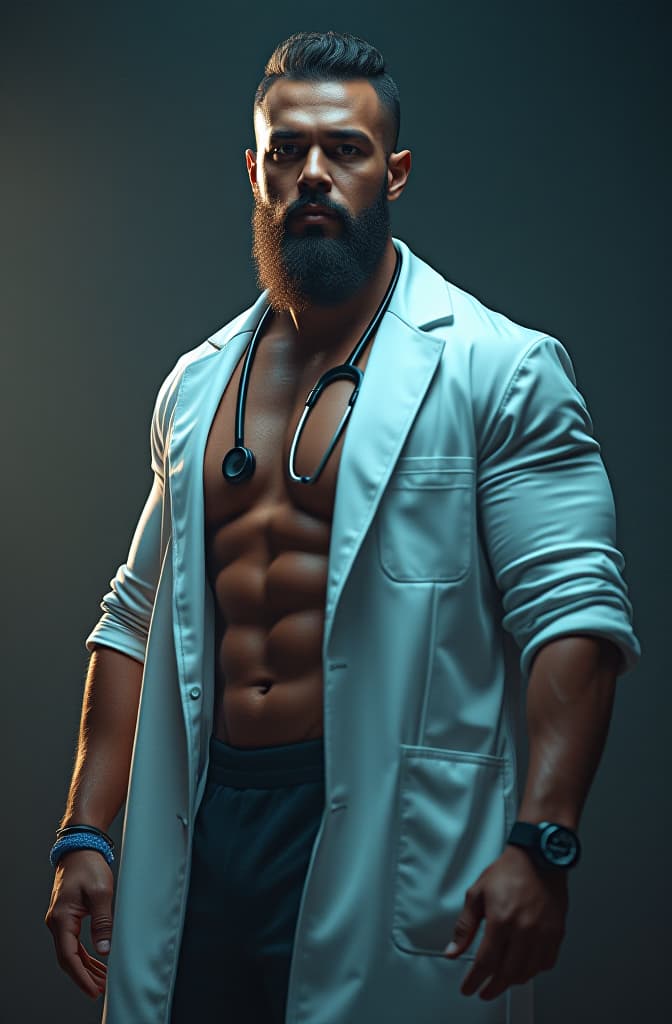  create an image of chris bumstead doing bodybuilding but with a medical stethoscope and a lab coat hyperrealistic, full body, detailed clothing, highly detailed, cinematic lighting, stunningly beautiful, intricate, sharp focus, f/1. 8, 85mm, (centered image composition), (professionally color graded), ((bright soft diffused light)), volumetric fog, trending on instagram, trending on tumblr, HDR 4K, 8K