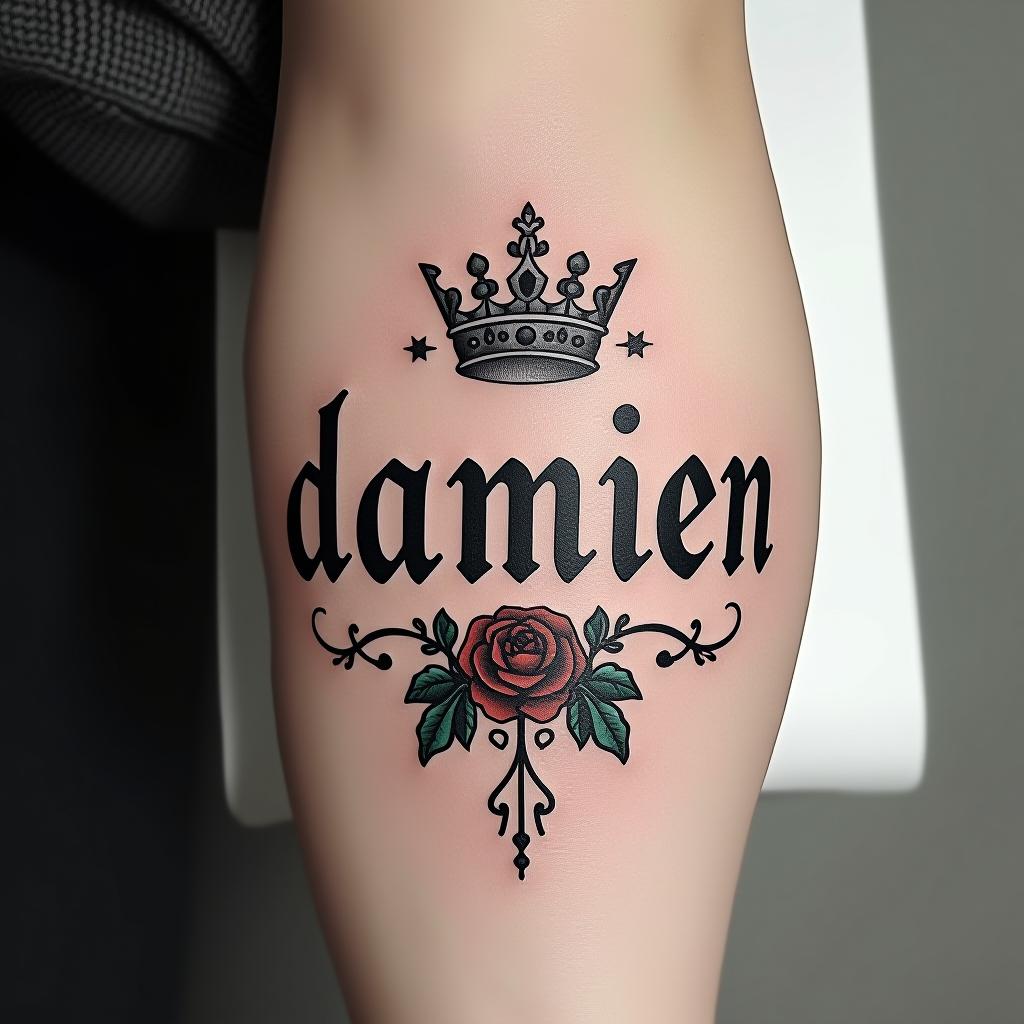  create a tattoo design, name with text 'damien' with crown on top, white background