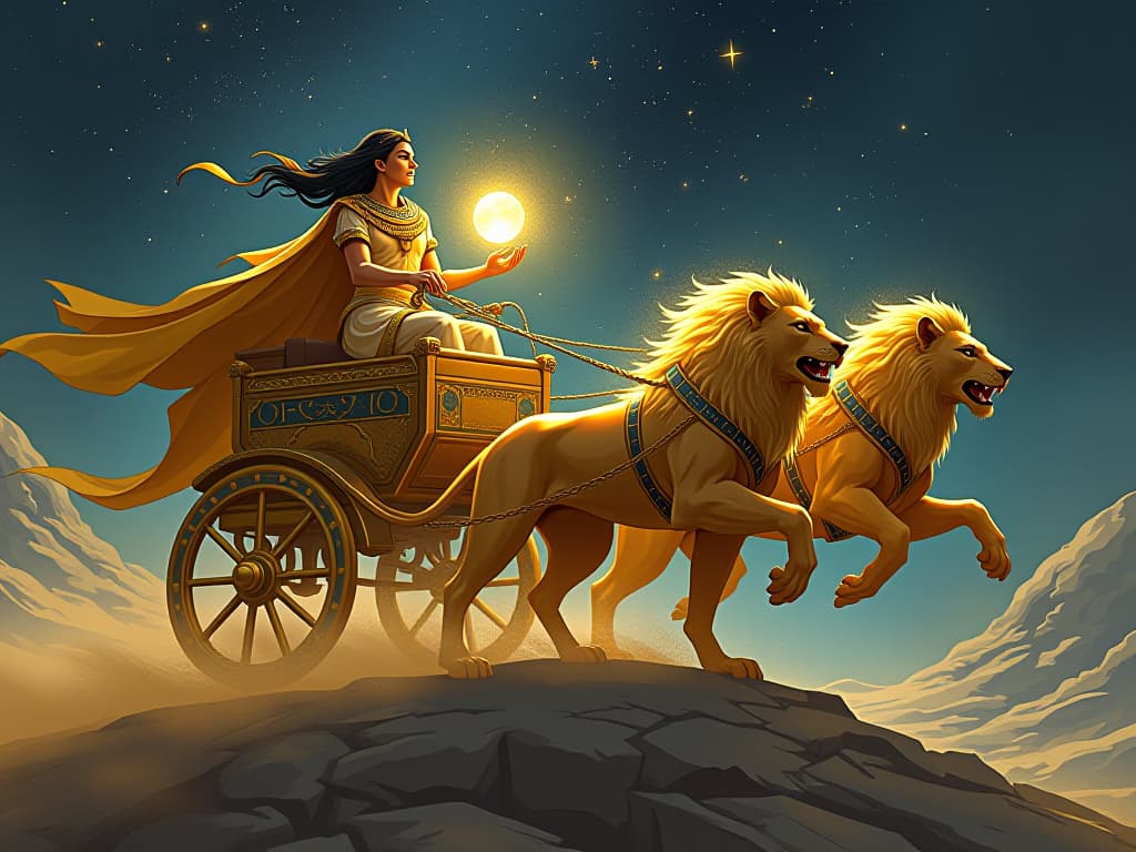  golden chariot racing through the cosmos, drawn by celestial lions, rider cloaked in stardust, holding a radiant orb, aura of clarity and vision. the style is digital art illustration / modern comic book / mysterious occult, symbolic, esoteric vibe,high detail on character design, incorporating ancient egyptian symbology and attire.