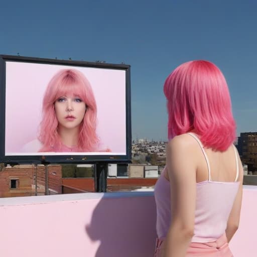 a lady with pink middle length hair stand on the rooftop looking at a picture of transgender lady that looks like her on the billboard