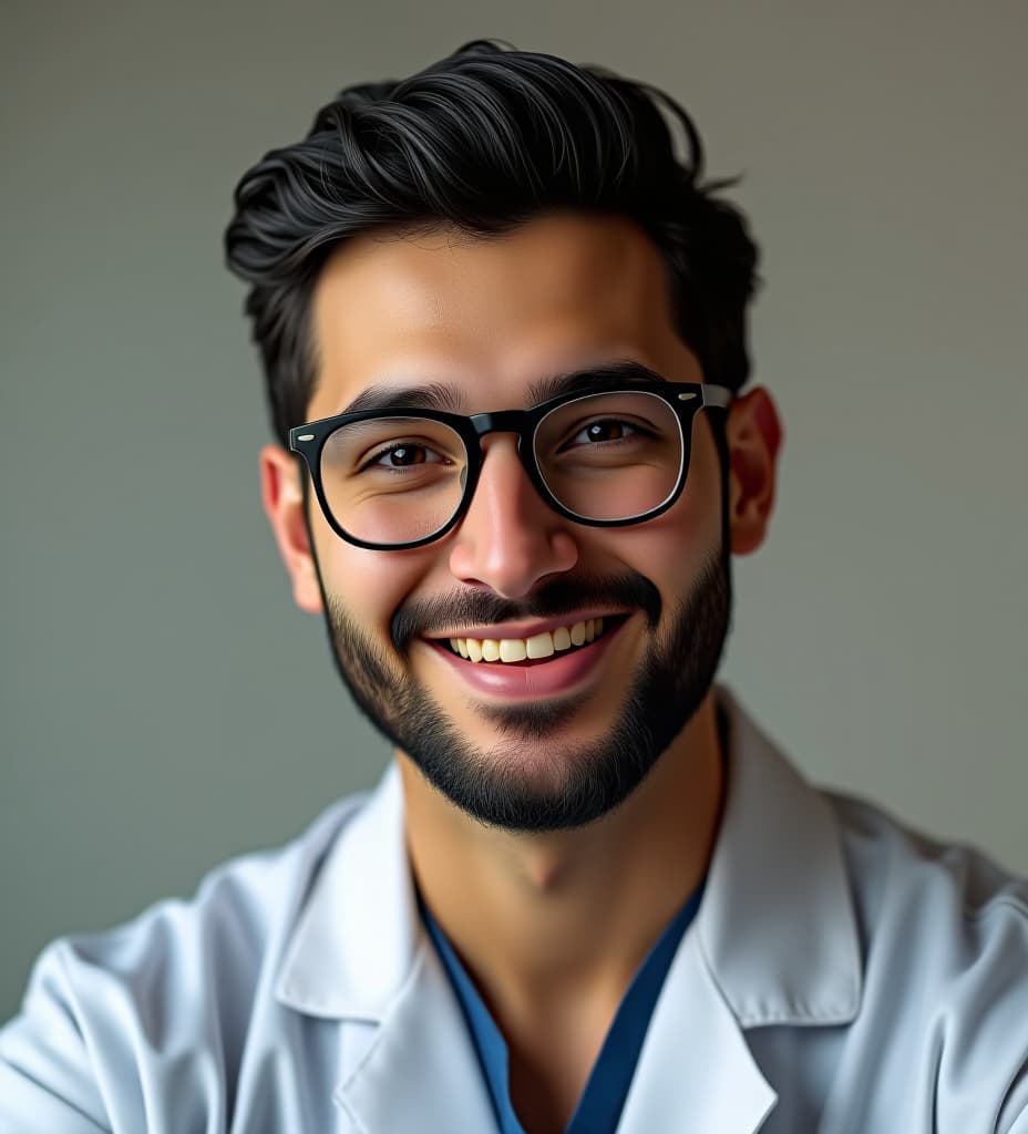  medical student beige warm skin tone beautiful smile smile lines and eye lines beard black and black hair black ryes glasses dreamy eyes nice guy and smart long nose and he is so funny and respectful