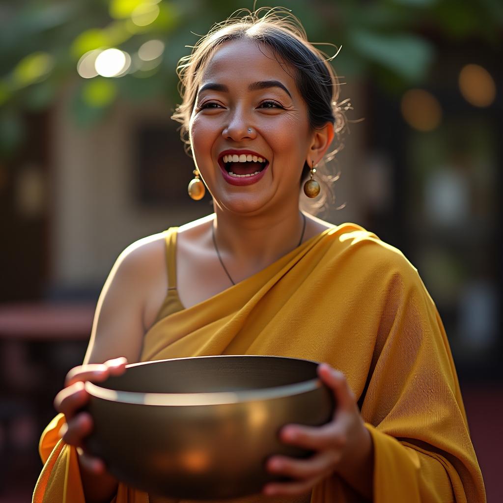  a woman with a singing bowl brings joy to everyone around.