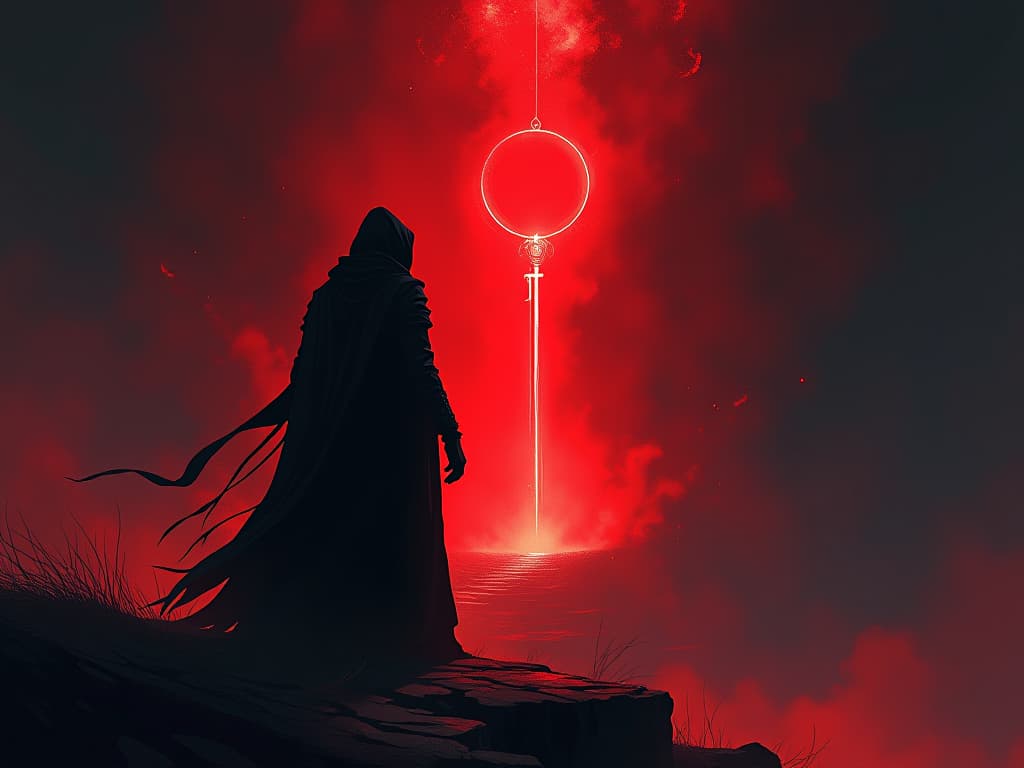  figure in red forging a glowing key, path of light ahead, sense of shaping the future. the style is digital art illustration / modern comic book / graphic dark novel fantasy and mysterious occult, symbolic, moody lighting, esoteric vibe,high detail on character design. for the color scheme emphasize blacks and reds.