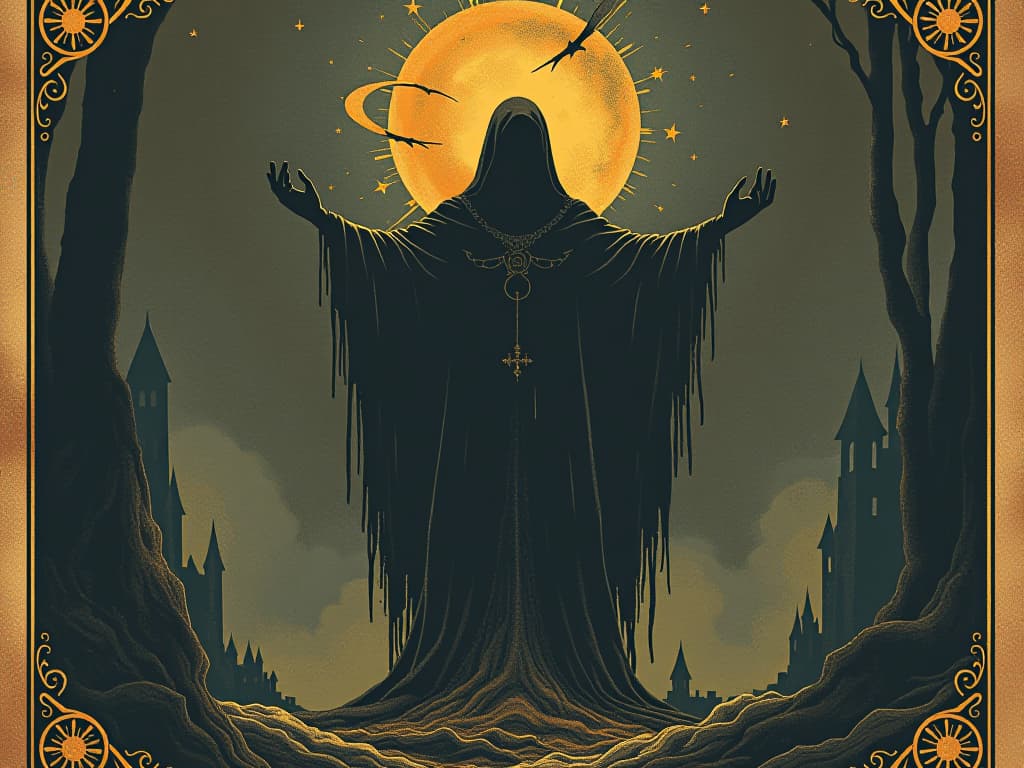  figure showing signs of erosion, strength leaving, once confident manifestations weakening, cosmic light dimming, manifestations of strength lost, growing vulnerability, shadows taking over. an illustration in the style of a worn, mystical old tarot trump card, mysterious and elements of surrealism. the colors are muted, somber and eerie, but with contrast bring out an occult and esoteric vibe.