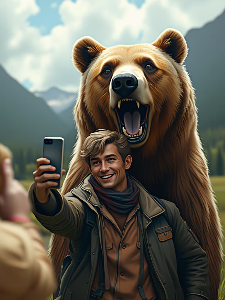  concept art a man taking a selfie with a bear, by aleksander gierymski, instagram, avatar image, big teeth, national geographic footage, group photo, 4 k hd fur face!!!, animals chasing, smileeeeeee, wandering, hidden camera photo, wanderlust, in love selfie, zac . digital artwork, illustrative, painterly, matte painting, highly detailed