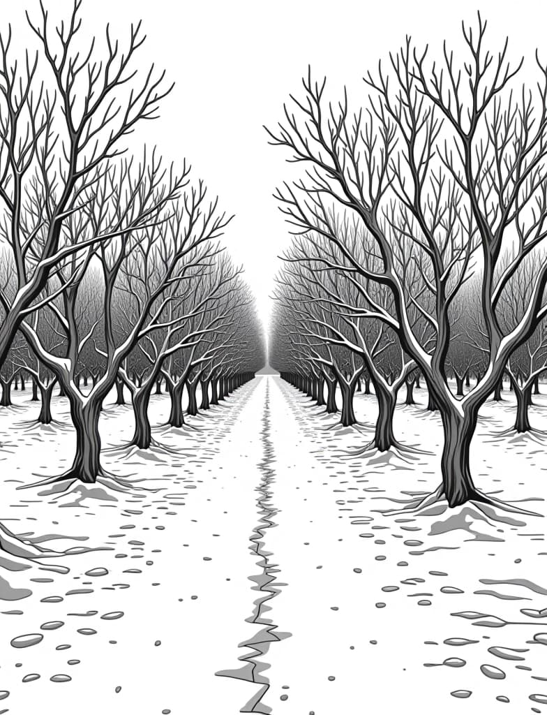  this is for an adult coloring page. a detailed black and white line art of a snowy snow covered orchard with bare fruit trees on a solid white background.