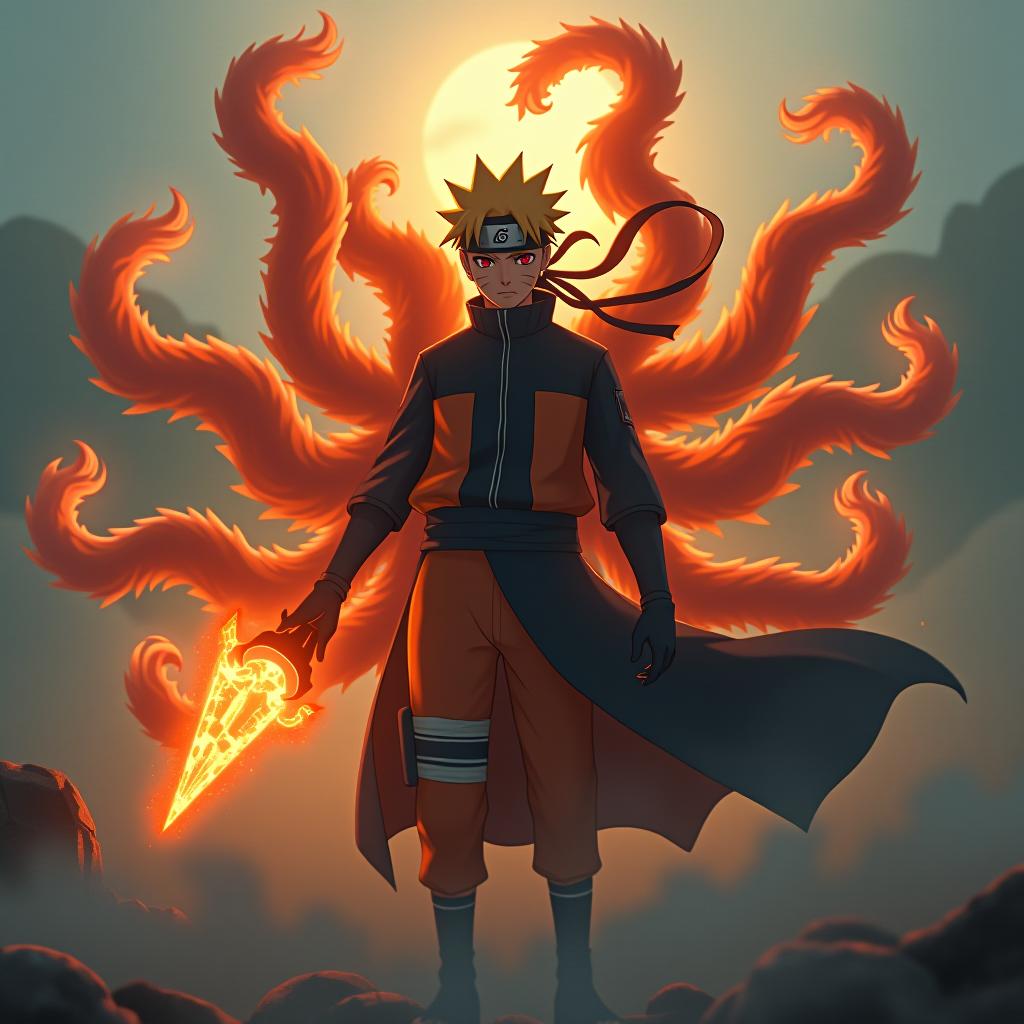  make a image of naruto uzumaki with his nine tails, name kurama. hyperrealistic, full body, detailed clothing, highly detailed, cinematic lighting, stunningly beautiful, intricate, sharp focus, f/1. 8, 85mm, (centered image composition), (professionally color graded), ((bright soft diffused light)), volumetric fog, trending on instagram, trending on tumblr, HDR 4K, 8K