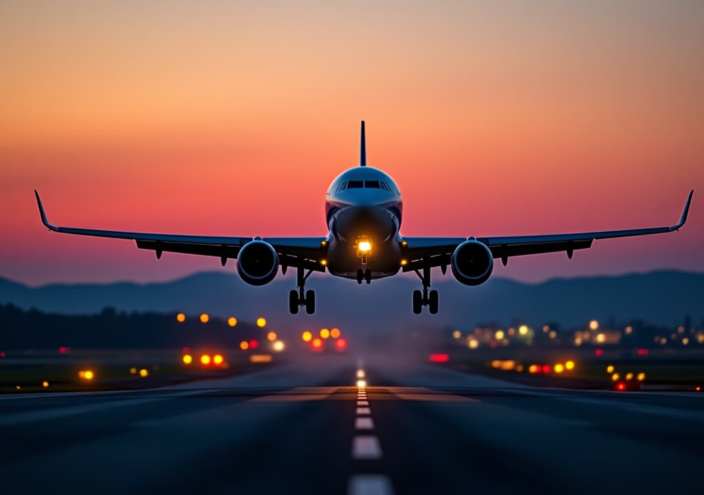  airplane departure from the ground, flying up in the air on an airport during the evening or night, front view photography. commercial aircraft flight transport, takeoff or landing