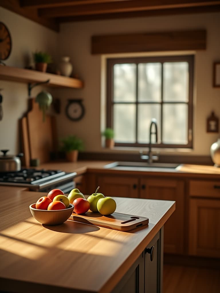  high quality portrait photo of a wide angle view of a rustic kitchen featuring a warm, honey colored butcher block countertop, with a bowl of fresh fruits and a wooden cutting board hyperrealistic, full body, detailed clothing, highly detailed, cinematic lighting, stunningly beautiful, intricate, sharp focus, f/1. 8, 85mm, (centered image composition), (professionally color graded), ((bright soft diffused light)), volumetric fog, trending on instagram, trending on tumblr, HDR 4K, 8K