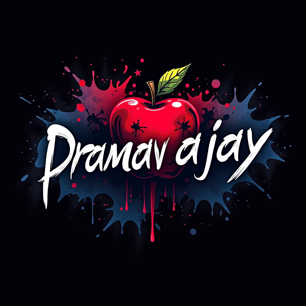  graffiti art style, design a logo using photoshop style effects. the logo should prominently feature the text 'pranav ajay' in a sleek, anime inspired font. incorporate elements and motifs from death note, such as the death note book or a stylized apple, ensuring the design is unique and original. the color scheme should be dark and dramatic, reflecting the intense and mysterious atmosphere of the anime.", dynamic, dramatic, vibrant colors, graffiti art style