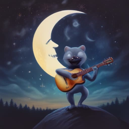 A happy moon playing guitar and singing in a whimsical, abstract night sky.