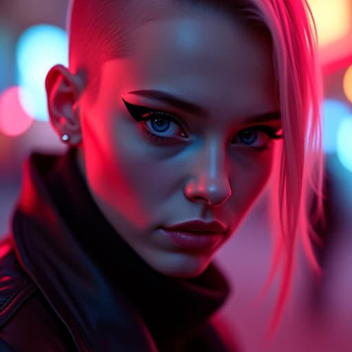  ultra realistic close up portrait ((beautiful pale cyberpunk female with heavy black eyeliner)), blue eyes, shaved side haircut, hyper detail, cinematic lighting, magic neon, dark red city, canon eos r3, nikon, f/1.4, iso 200, 1/160s, 8k, raw, unedited, symmetrical balance, in frame, 8k hyperrealistic, full body, detailed clothing, highly detailed, cinematic lighting, stunningly beautiful, intricate, sharp focus, f/1. 8, 85mm, (centered image composition), (professionally color graded), ((bright soft diffused light)), volumetric fog, trending on instagram, trending on tumblr, HDR 4K, 8K