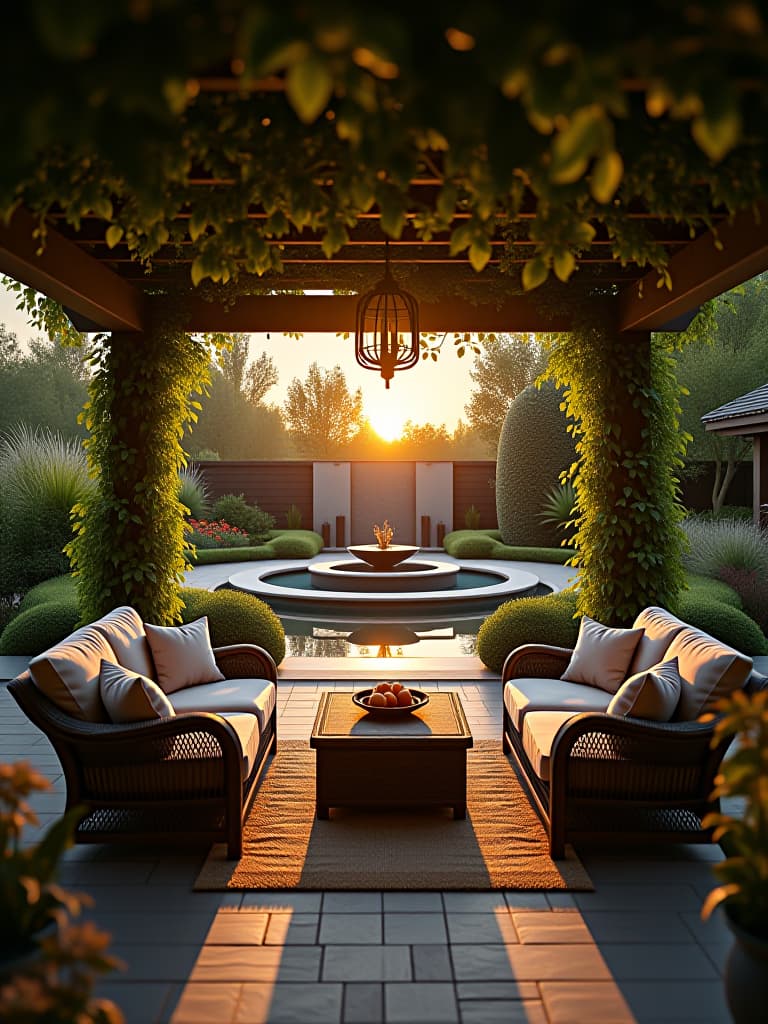  high quality portrait photo of a serene backyard patio with a pergola covered in lush vines, comfortable wicker furniture, and soft ambient lighting, overlooking a tranquil water feature at sunset hyperrealistic, full body, detailed clothing, highly detailed, cinematic lighting, stunningly beautiful, intricate, sharp focus, f/1. 8, 85mm, (centered image composition), (professionally color graded), ((bright soft diffused light)), volumetric fog, trending on instagram, trending on tumblr, HDR 4K, 8K