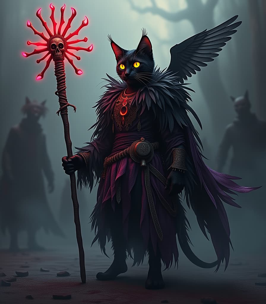  (masterpiece, 8k, uhd, dark fantasy art:1.4), majestic voodoo cat, (tattered clothes:1.3), adorned with feathers and remnants of dead birds, powerful stance, (glowing twisted bone staff:1.2), radiating eerie light, symbolizing mastery over the dead, surrounded by chaotic ink splatter background, deep blacks, rich purples, and hints of blood red, (shadowy figures:1.1), haunting silhouettes blending into the backdrop, (macabre aesthetic:1.3), swirling mist, captivating yet foreboding atmosphere, intricate details in the cat's fur, wide expressive eyes glowing with mysterious energy, folklore elements, supernatural vibes, richly textured, dynamic angle, blending realism and fantasy, eerie yet enchanting. hyperrealistic, full body, detailed clothing, highly detailed, cinematic lighting, stunningly beautiful, intricate, sharp focus, f/1. 8, 85mm, (centered image composition), (professionally color graded), ((bright soft diffused light)), volumetric fog, trending on instagram, trending on tumblr, HDR 4K, 8K