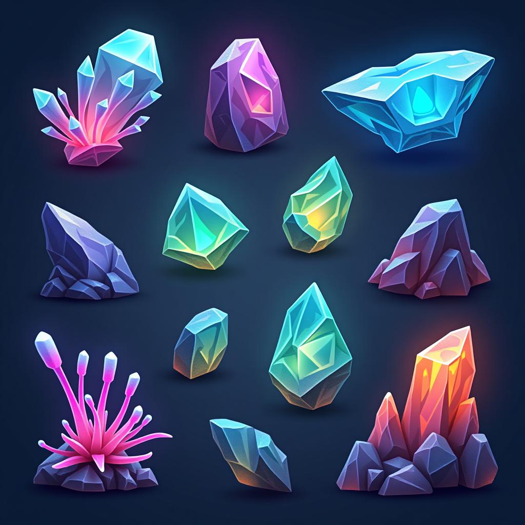  white background. a collection of assets and materials derived from a hyper realistic alien planet, featuring bioluminescent crystals, glowing organic matter, and fragments of unique architectural structures. each asset should reflect the same fantasy elements as the planet, with floating pieces, glowing edges, and a consistent color palette. include items like glowing rocks, mysterious plant life, and fragments of the planet's structures, all in a cartoon and disney style.