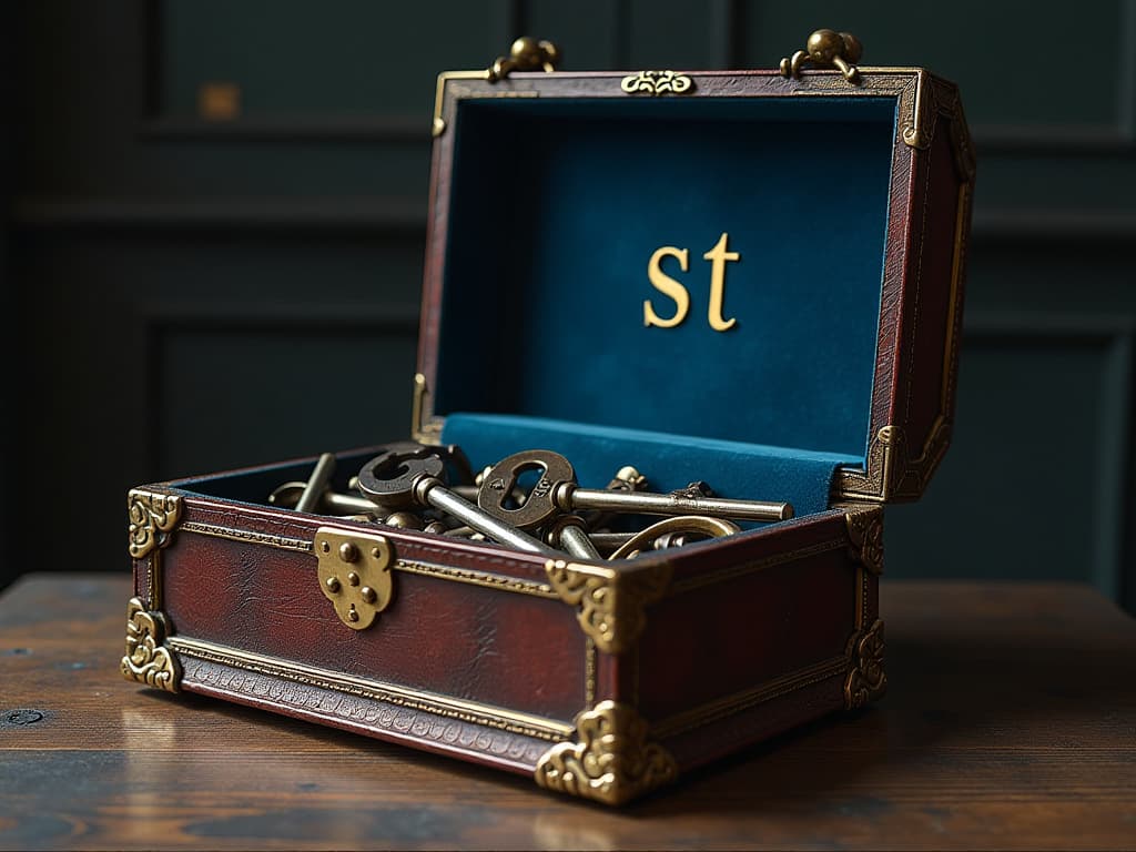  i look into a large, open, ancient, elegant box with a gold edging stuffed with keys and tools. located flat, full face, right in front of my face inside a dark blue velour. on the front panel of the box is the "s t" of gold